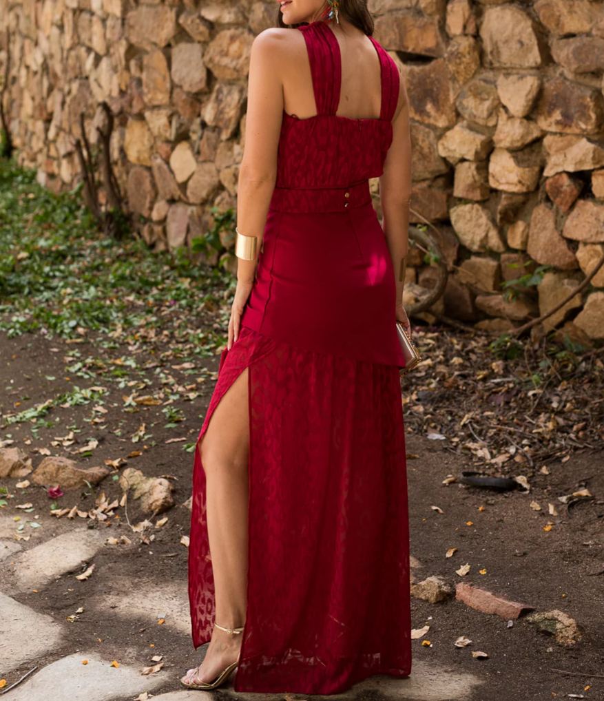 Cherry Pattern Backless Double-Layer Maxi Dress