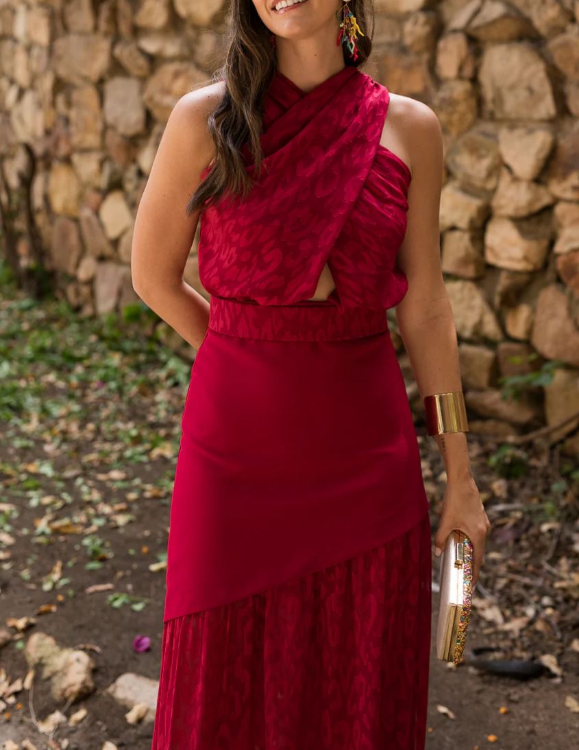 Cherry Pattern Backless Double-Layer Maxi Dress