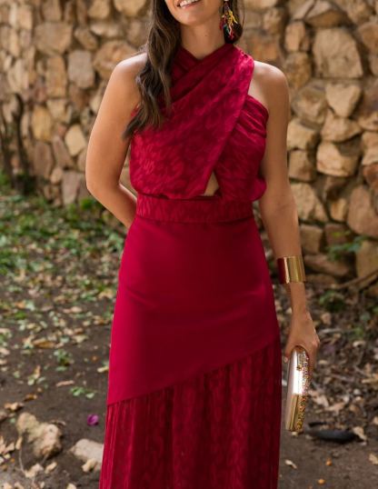 Cherry Pattern Backless Double-Layer Maxi Dress