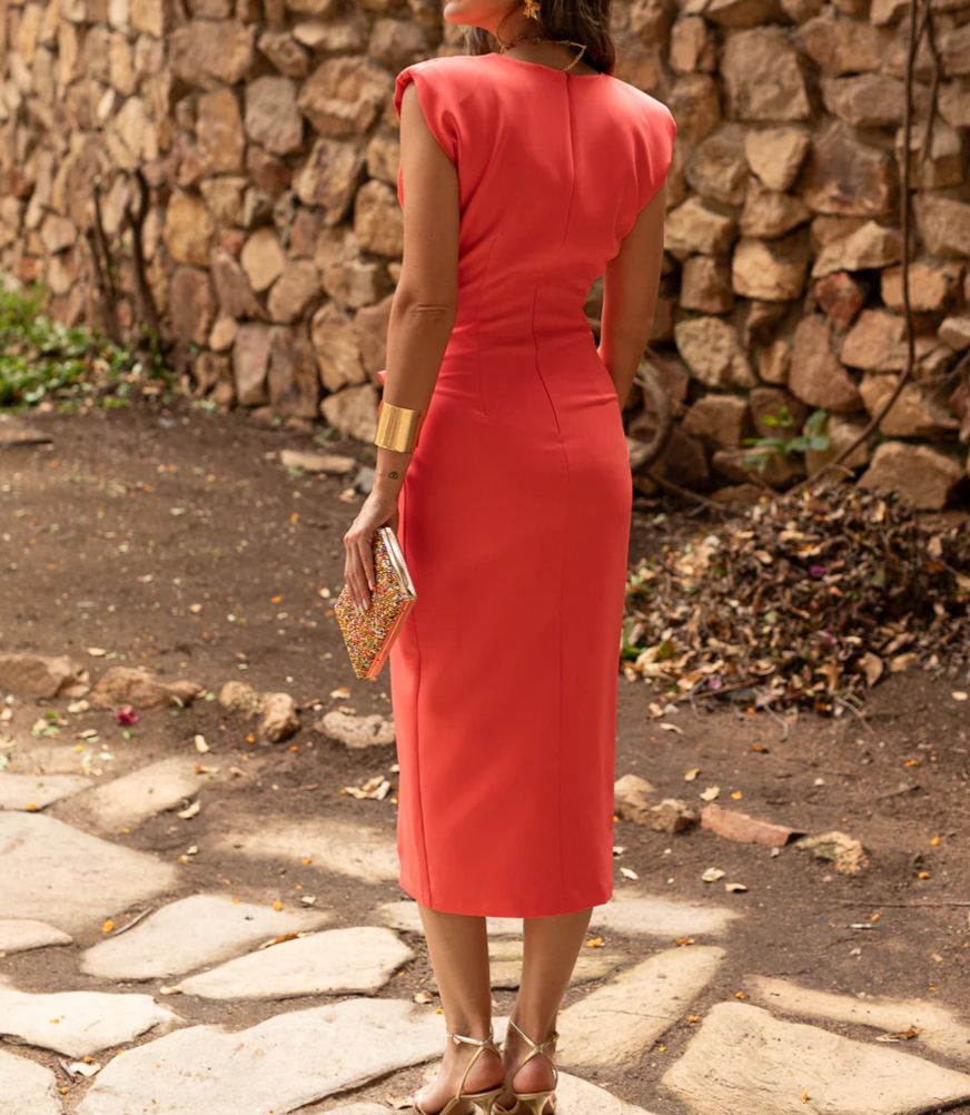 Coral Tulip Midi Dress with Padded Shoulders