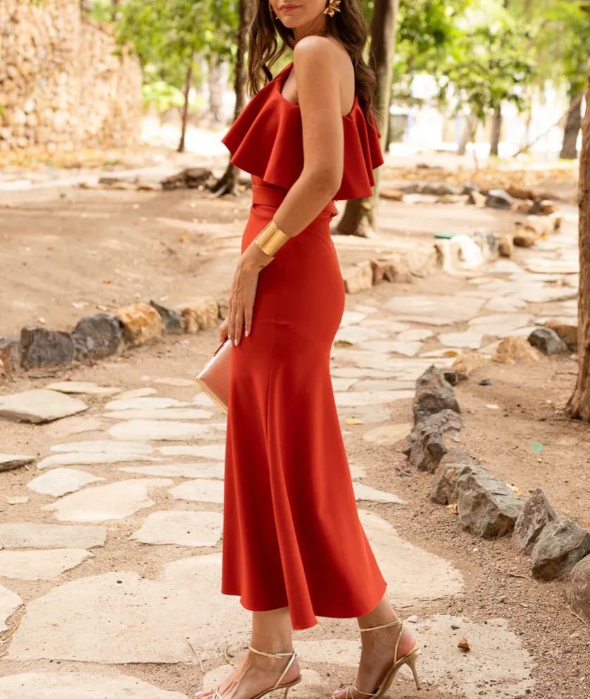 Asymmetrical Neckline Terracotta Flared Skirt Dress