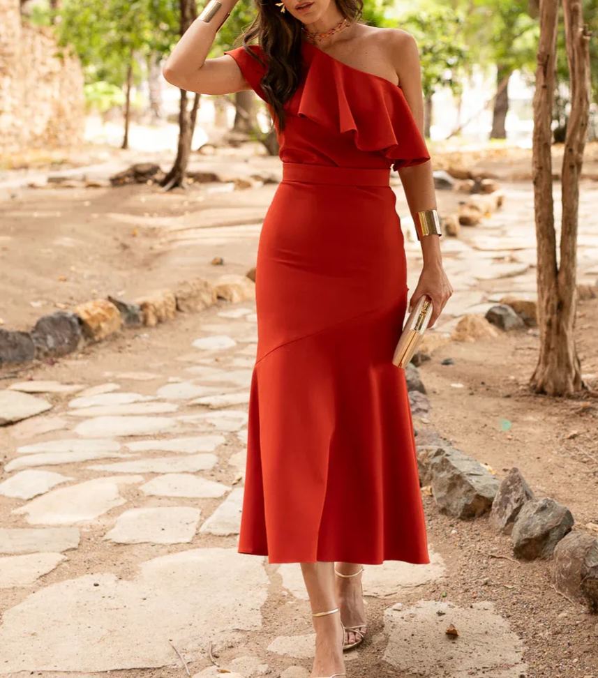 Asymmetrical Neckline Terracotta Flared Skirt Dress