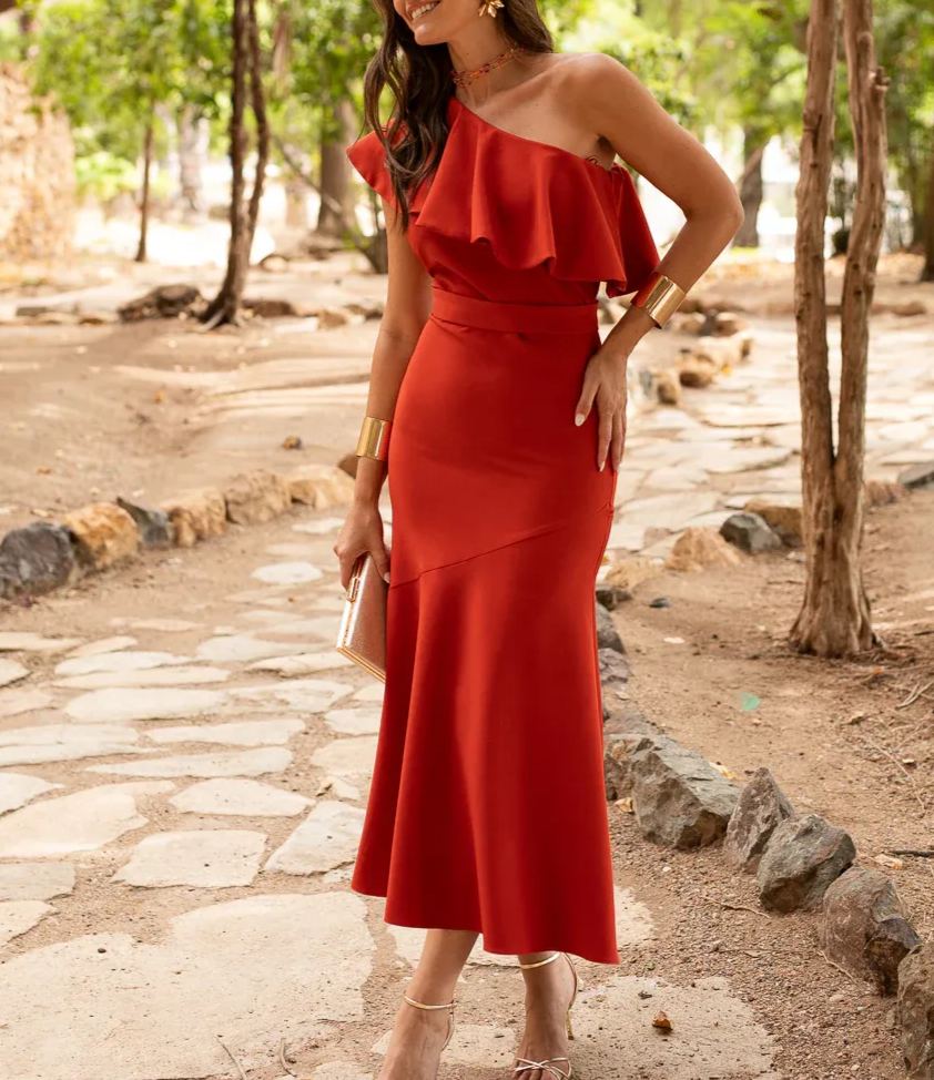 Asymmetrical Neckline Terracotta Flared Skirt Dress