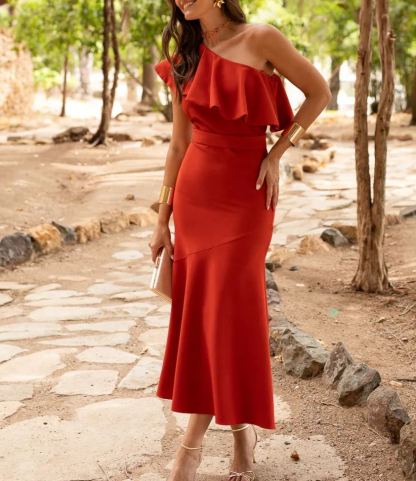 Asymmetrical Neckline Terracotta Flared Skirt Dress