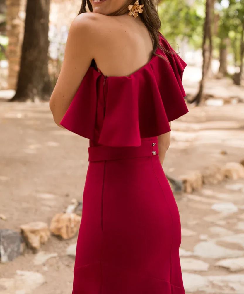 Midi Dress, Asymmetrical Neckline, Flared Skirt