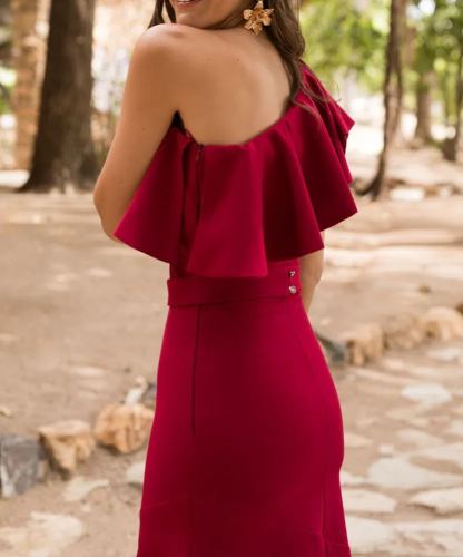Midi Dress, Asymmetrical Neckline, Flared Skirt
