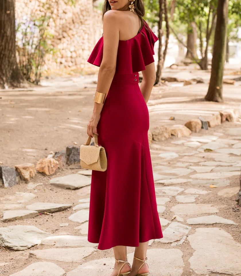 Midi Dress, Asymmetrical Neckline, Flared Skirt