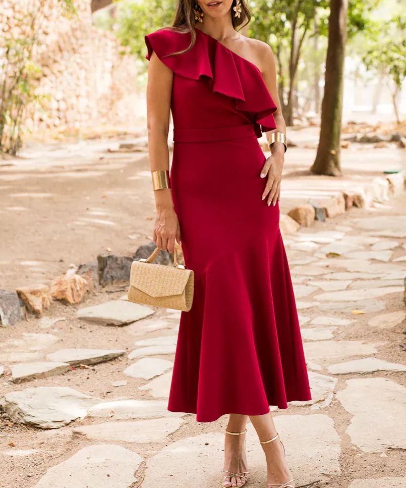 Midi Dress, Asymmetrical Neckline, Flared Skirt