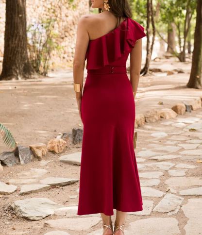 Midi Dress, Asymmetrical Neckline, Flared Skirt