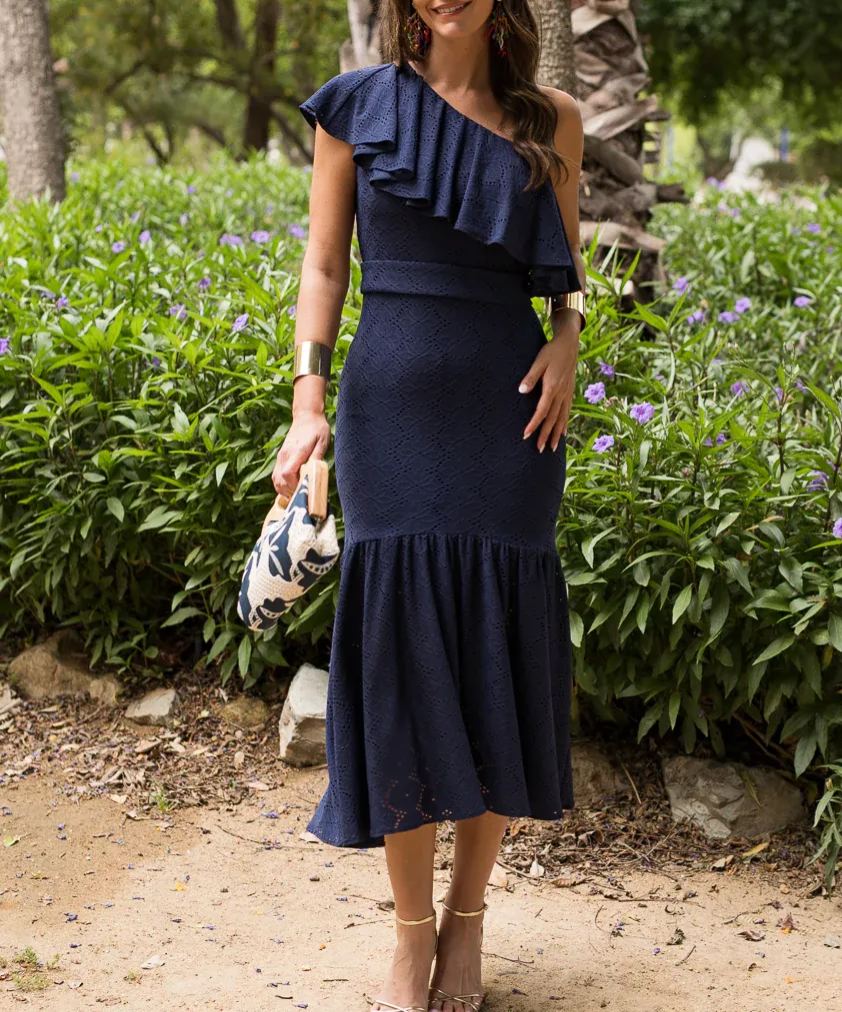 Midi dress, asymmetrical neckline, ruffles