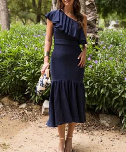 Midi dress, asymmetrical neckline, ruffles