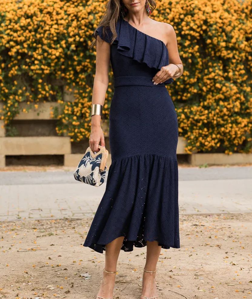 Midi dress, asymmetrical neckline, ruffles