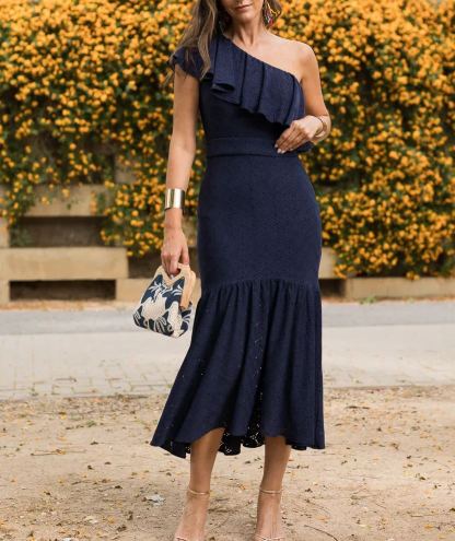 Midi dress, asymmetrical neckline, ruffles