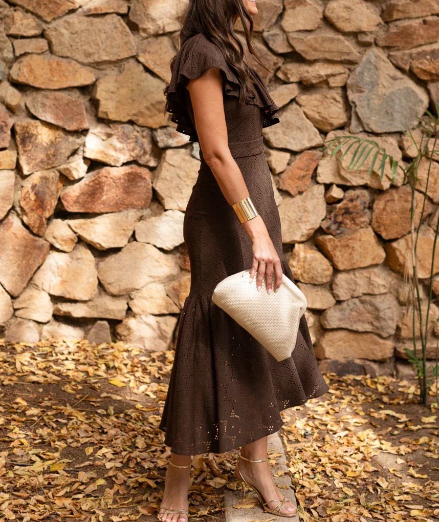 Midi dress, asymmetrical neckline, ruffles