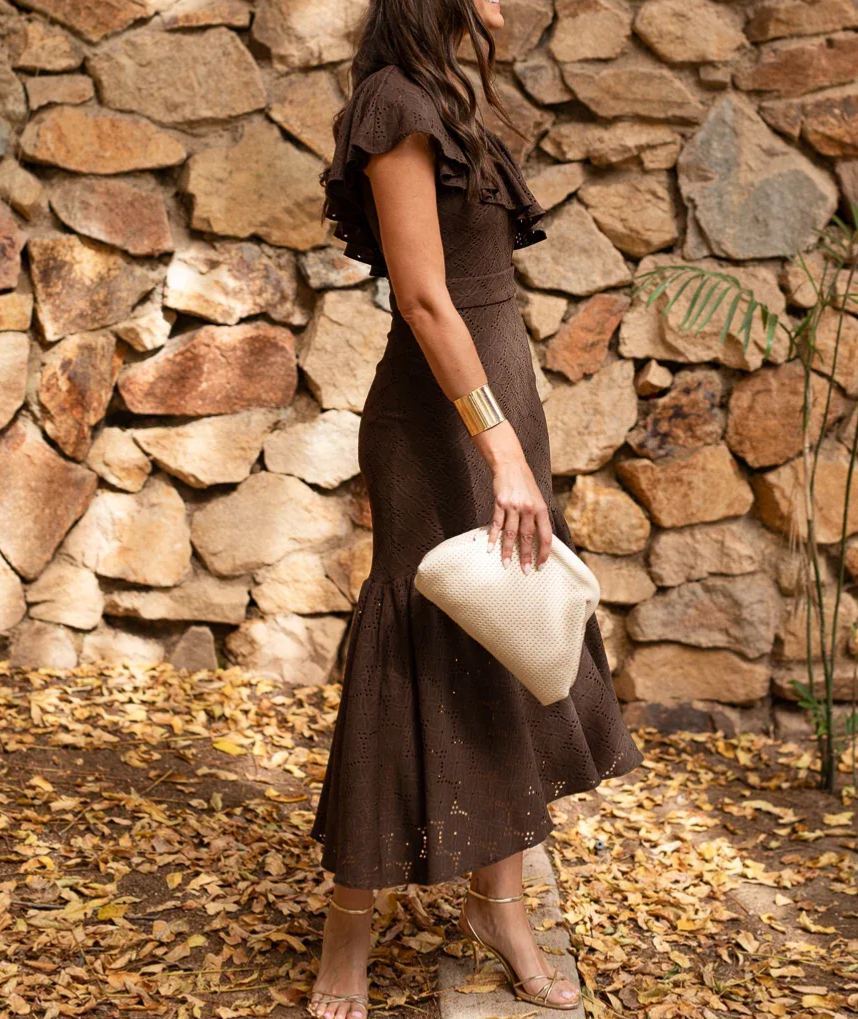 Midi dress, asymmetrical neckline, ruffles