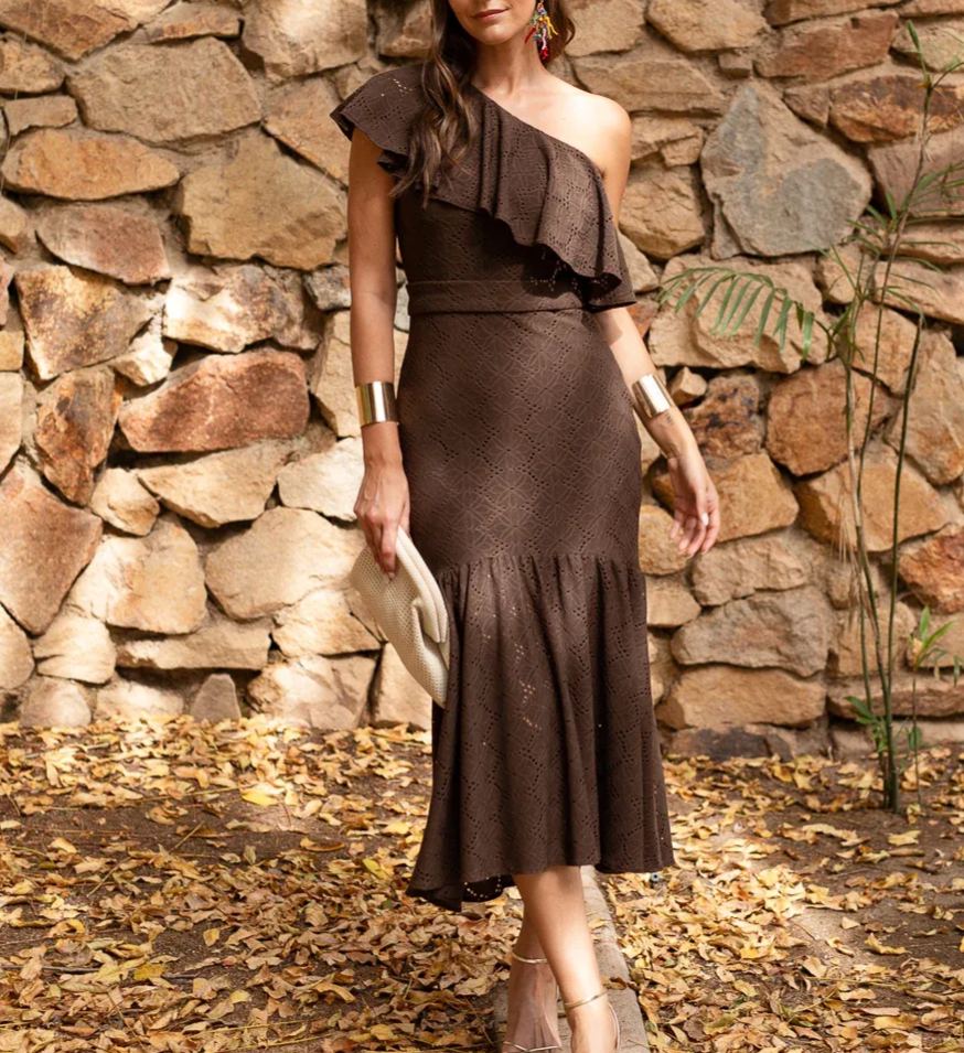 Midi dress, asymmetrical neckline, ruffles