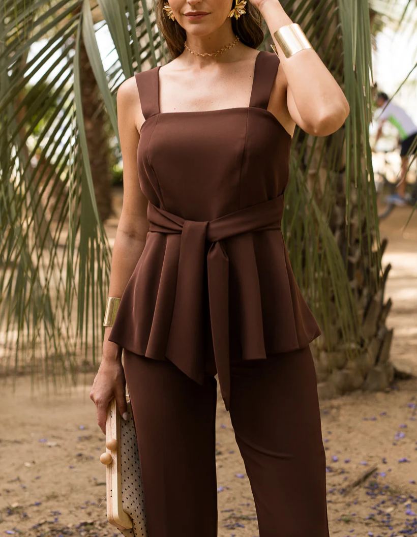 Paired with Chocolate Brown Ruffled Wide-Leg Trousers