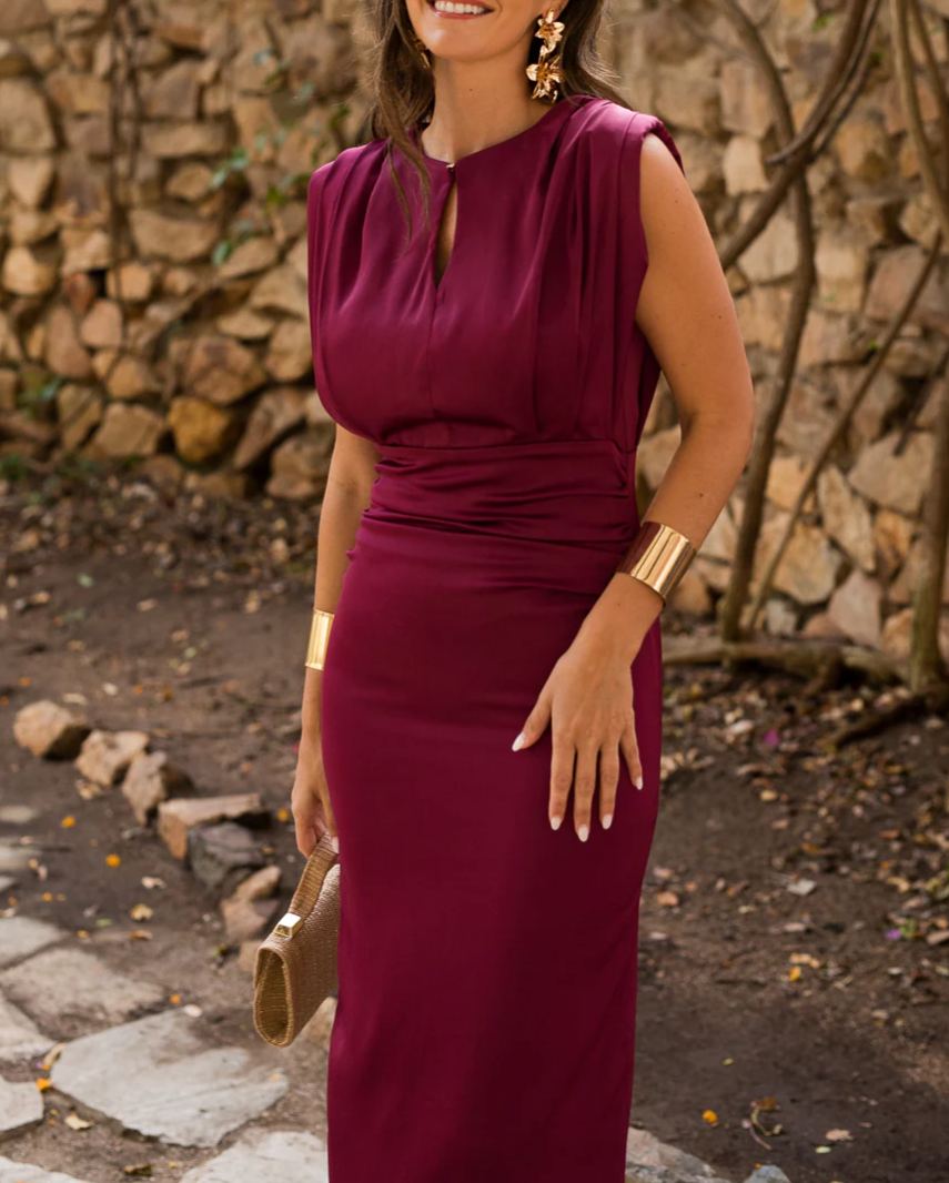 Cherry Pattern Padded Shoulder Midi Dress