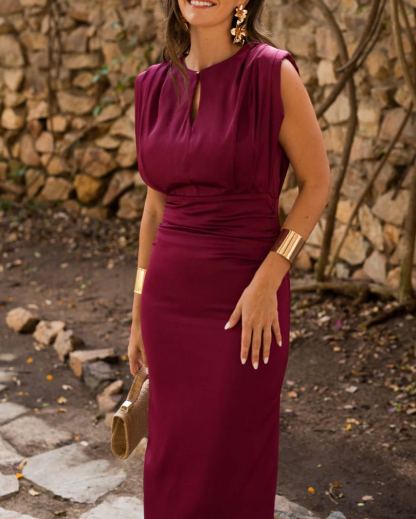Cherry Pattern Padded Shoulder Midi Dress