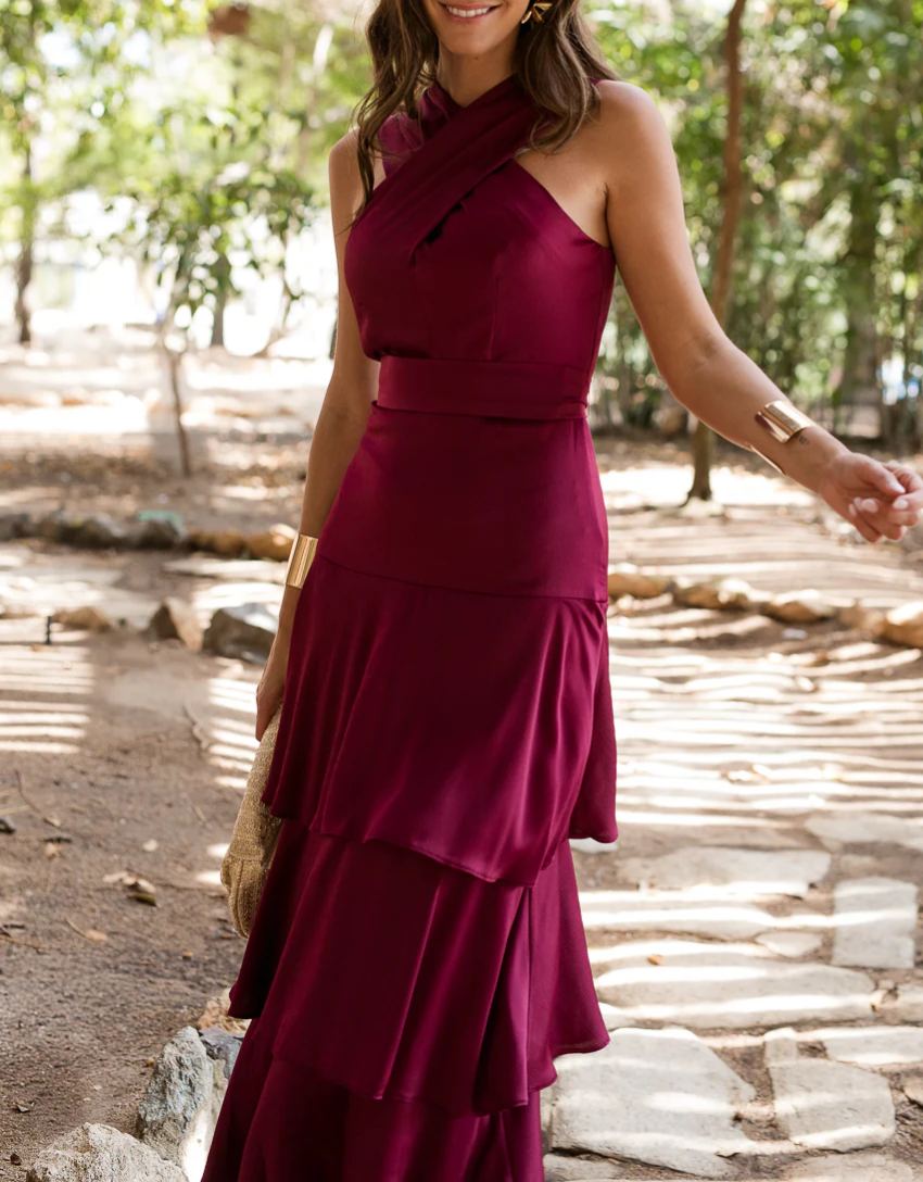 Multi-Layer Ruffled Backless Midi Dress