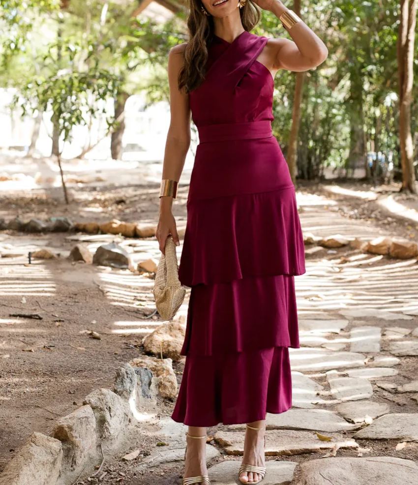 Multi-Layer Ruffled Backless Midi Dress