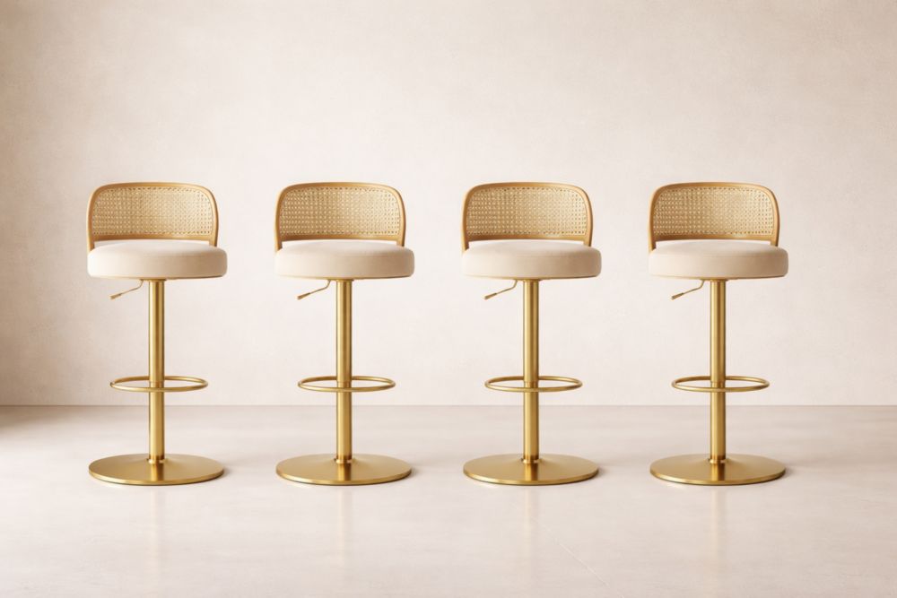 Tabouret de Bar Réglable en Métal Doré avec Dossier en Rotin et Assise en Tissu Beige