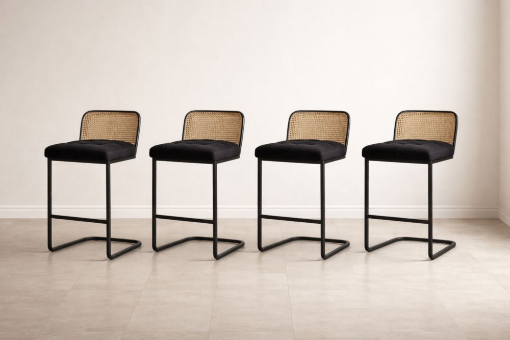 Lot de 4 tabourets de bar en rotin et métal avec assise en tissu noir