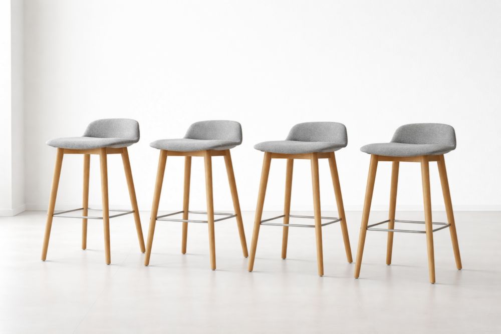 Ensemble de 4 tabourets de bar en tissu gris avec pieds en bois