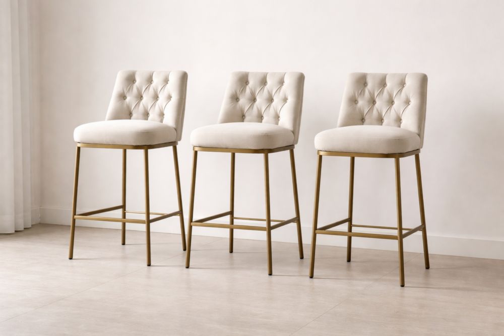 Ensemble de 3 Tabourets de Bar Dossier Haut Métal Beige