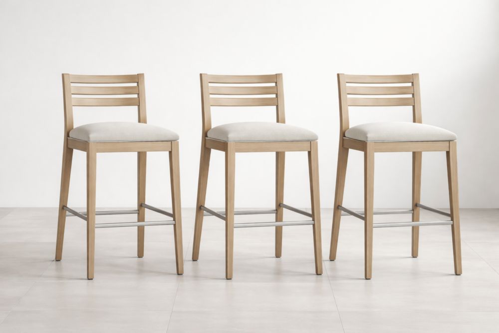 Ensemble de 3 Tabourets de Bar en Bois avec Assise en Tissu Beige