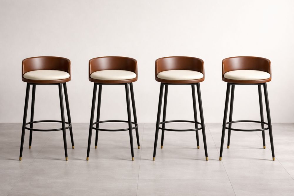 Tabourets de bar en cuir PU marron et tissu beige, ensemble de 4