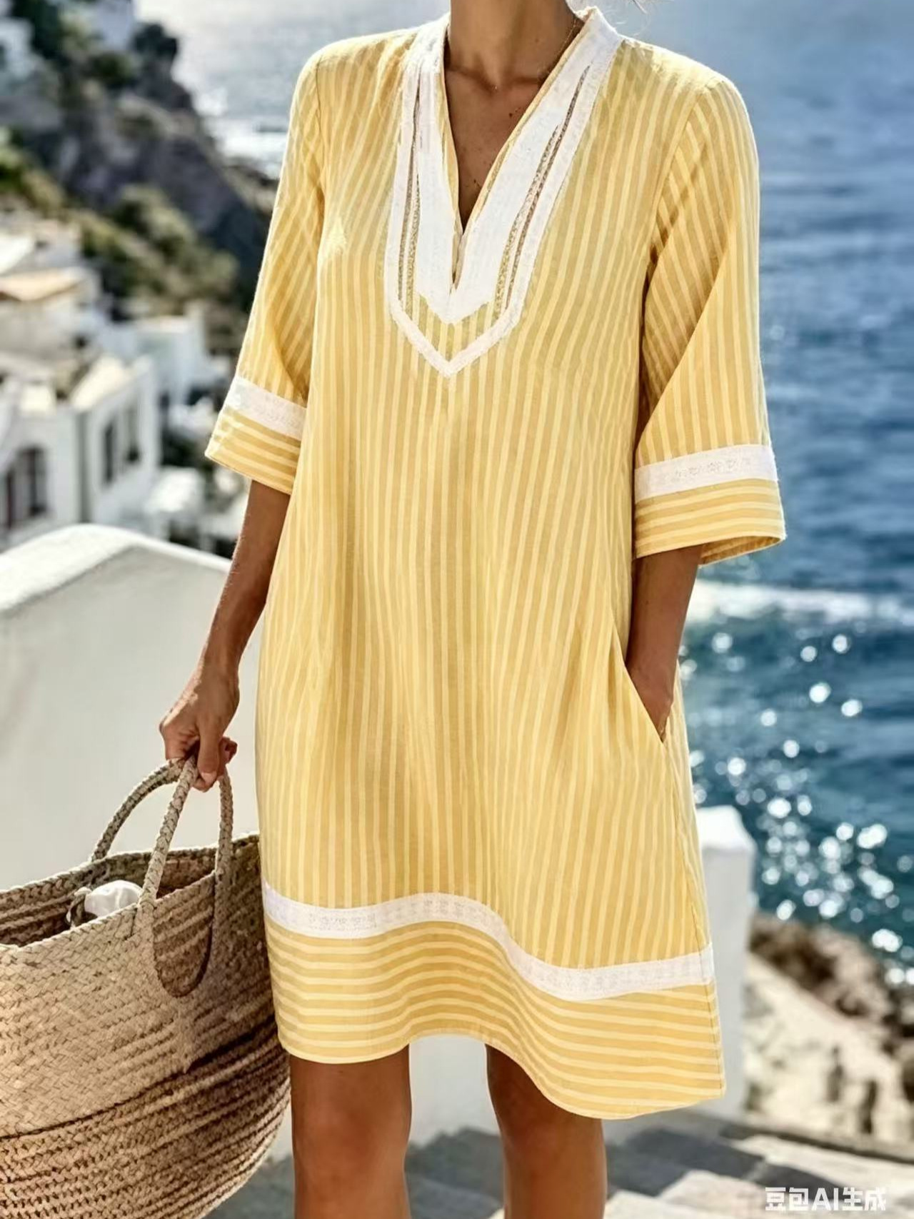 New Seaside Vacation Style: V-Neck, Bohemian-Print, Loose-Fit Beach Dress