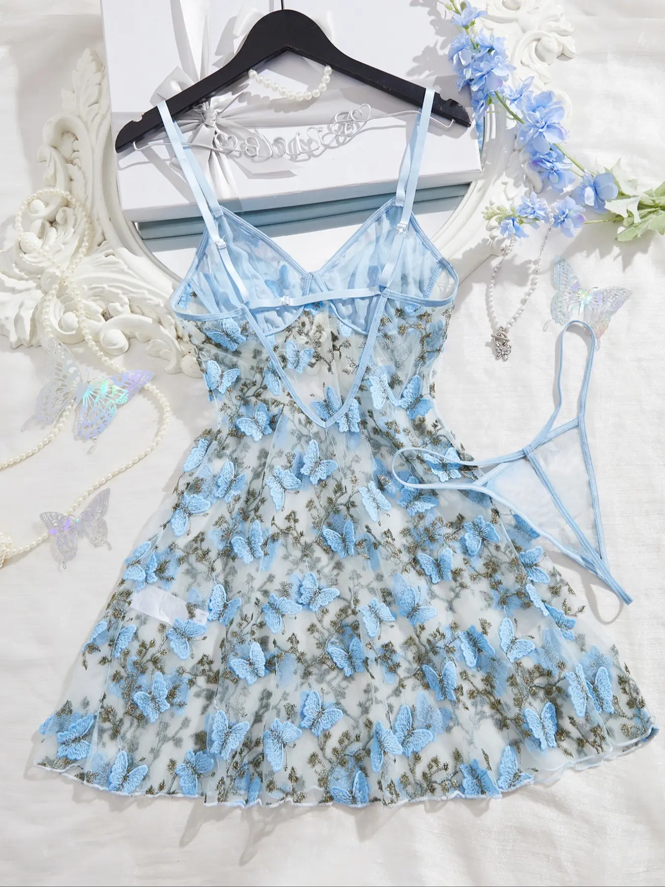 Lavender Muse Butterfly Embroidered Camisole Dress Set
