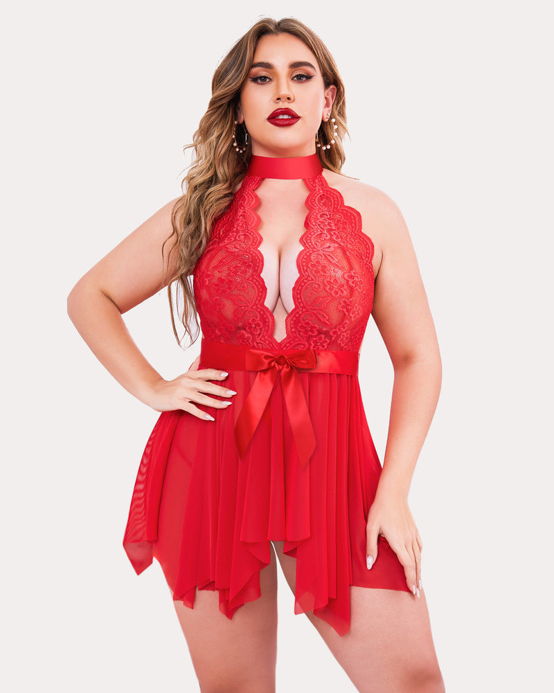 Plus Size Floral Lace High Waist Teddy Babydoll-lovelira