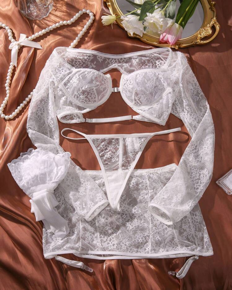 Sexy 3-Piece Lace Underwire Lingerie Set – Long Sleeve Babydoll