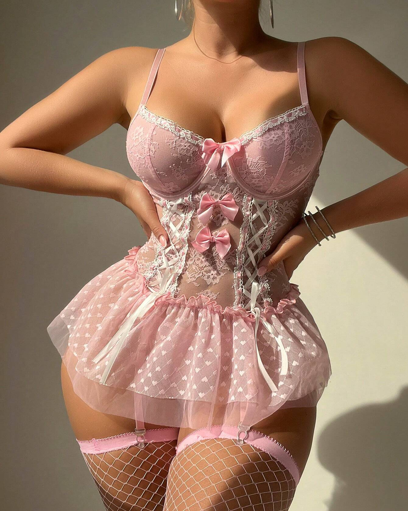 3-Piece Valentine’s Tie-Up Lace Lingerie Set with Stockings