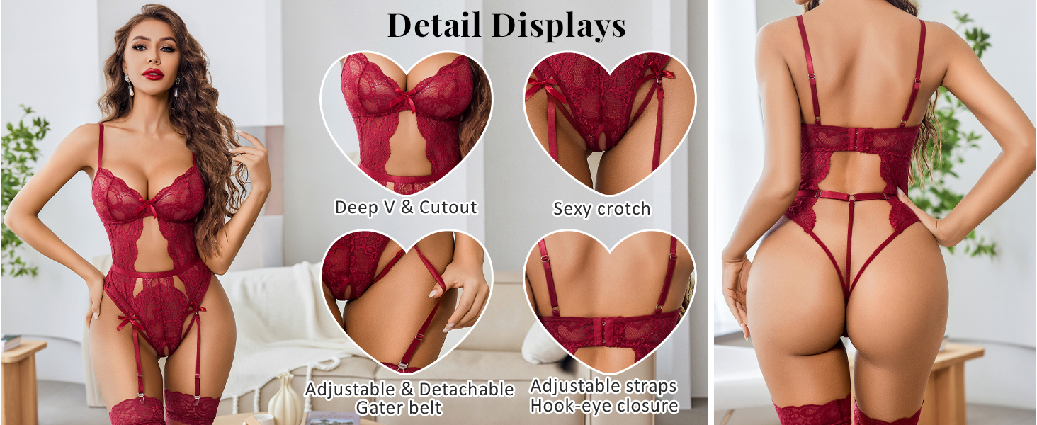 Avidlove Sexy Lingerie for Women Lace Bodysuit with Panty Garter Lingerie Set Teddy Lingerie