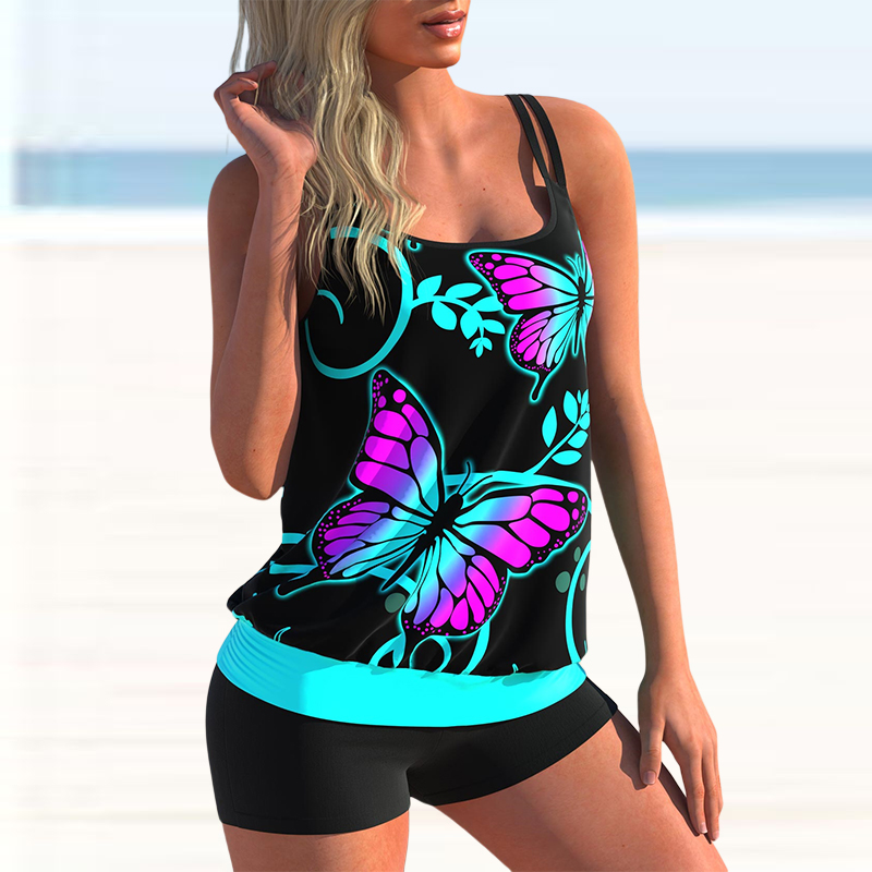 Women Fashion Sexy Plus Size Two Piece Butterfly Print Camisole Swimsuit Lady Two Piece Swimming Suit New Swimwear Bachwear-colinskeirs