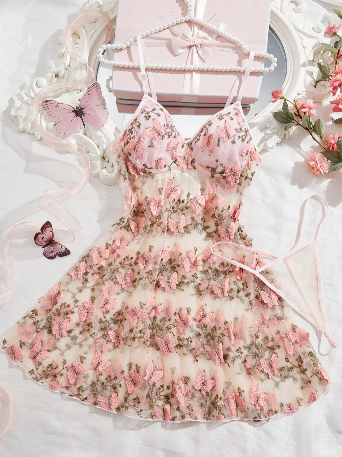 Lavender Muse Butterfly Embroidered Camisole Dress Set