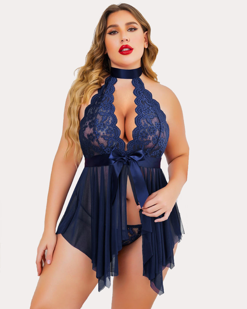 Plus Size Floral Lace High Waist Teddy Babydoll-lovelira