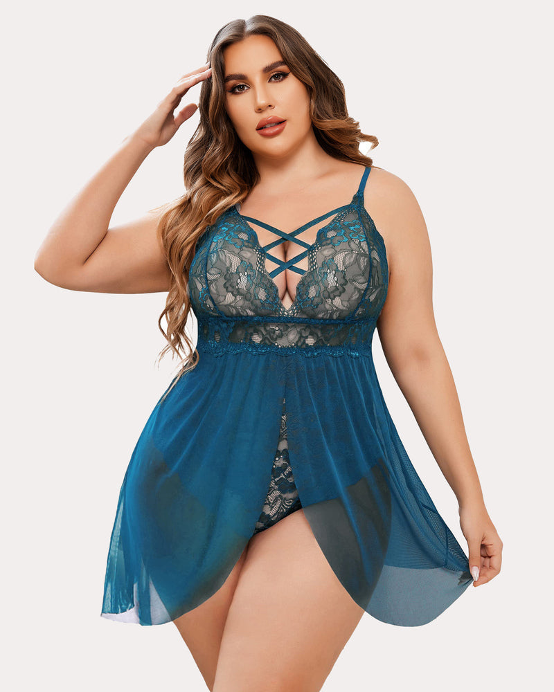 Plus Size Snap Crotch V Neck Lace Nighty-lovelira