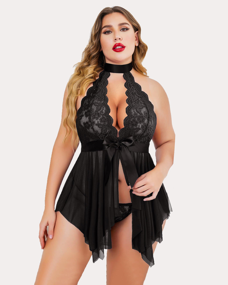 Plus Size Floral Lace High Waist Teddy Babydoll-lovelira