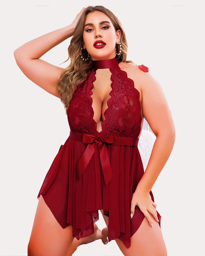 Plus Size Floral Lace High Waist Teddy Babydoll-lovelira