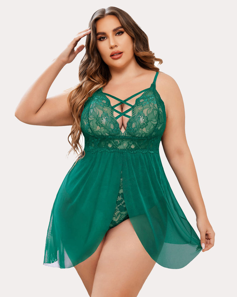 Plus Size Snap Crotch V Neck Lace Nighty-lovelira
