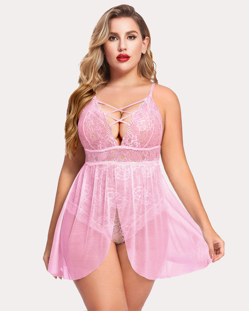 Plus Size Snap Crotch V Neck Lace Nighty-lovelira