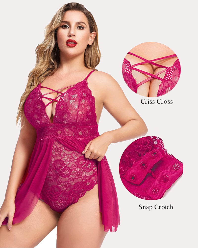 Plus Size Snap Crotch V Neck Lace Nighty-lovelira