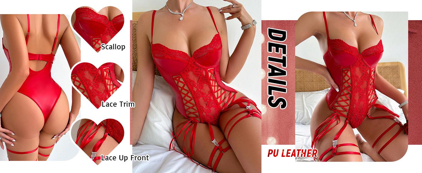 Women's PU Lace Up Hollow Out Underwire Valentine's Day Lingerie Contrast Lace Teddy Bodysuit Nightwear