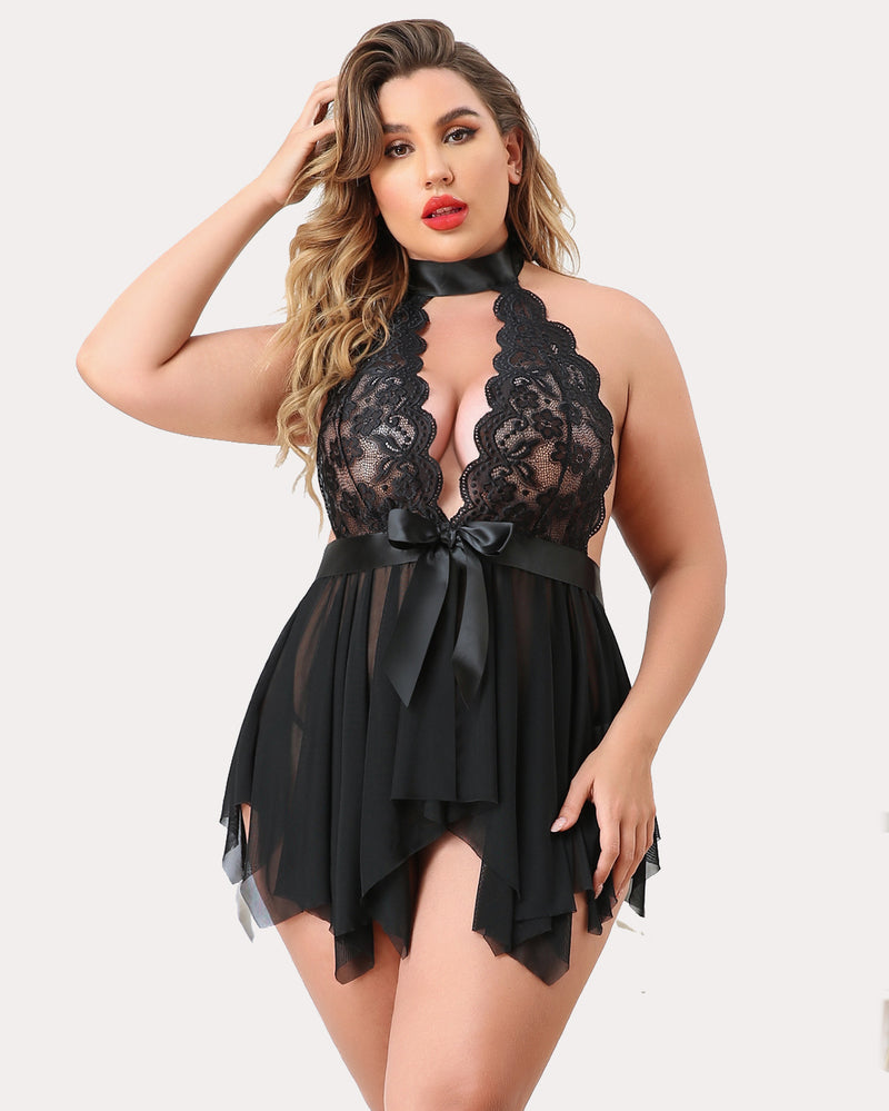 Plus Size Floral Lace High Waist Teddy Babydoll-lovelira