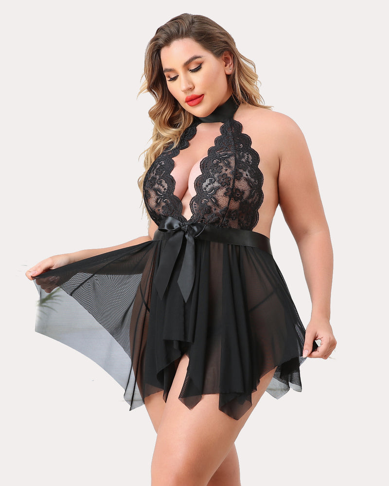 Plus Size Floral Lace High Waist Teddy Babydoll-lovelira