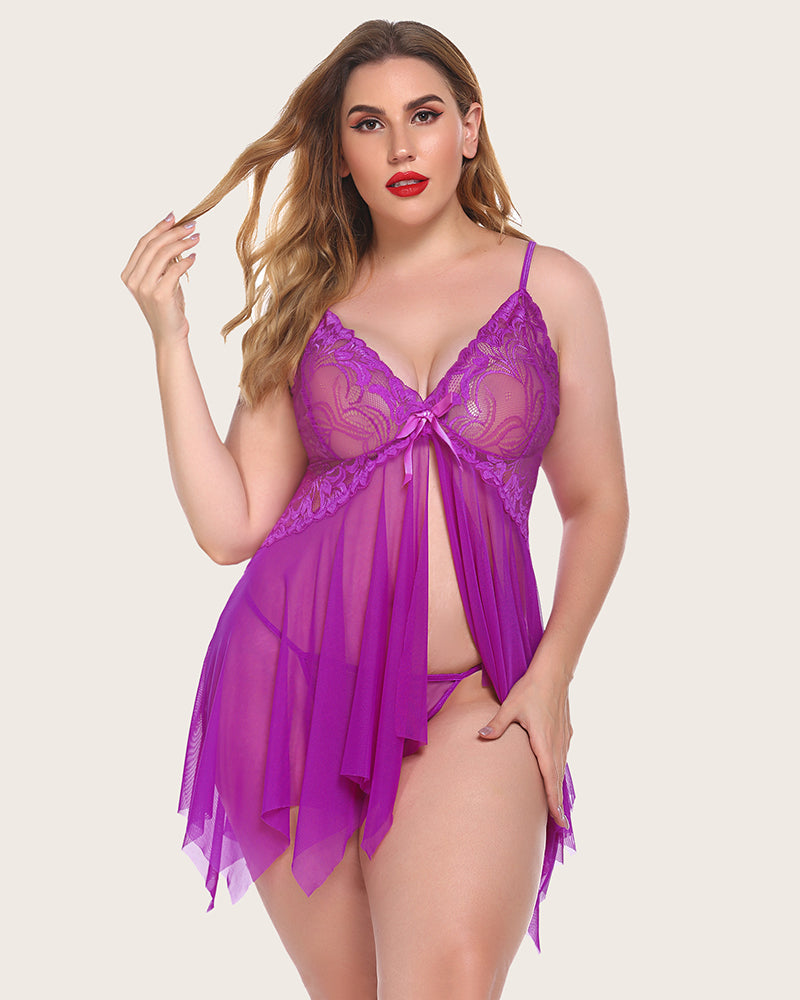 Plus Size Lingeries Lace Print Babydoll Outfits-lovelira